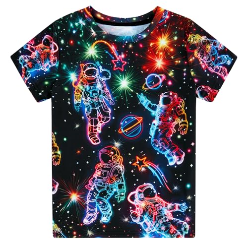 ALISISTER Camisetas niño Astronauta neón Cuello Redondo Manga Corta Talla 7-8 años