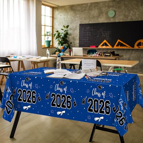 Image of QZYL 4 Pack Graduation Tablecloth, 54 inch x 108 inch Blue Graduation Table Decorations 2026, Plastic Tablecover for Class of 2026 Congrats Grad, Rectangle Disposable Grad Party Decorations Supplies Favors