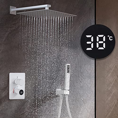 Unterputz Duscharmatur Set, Wandmontage Duschsystem Mit Thermostat Armatur, Komplettes Duschset Mit Brausegarnitur, Regendusche Mit Wandhalterung Und Duschthermostat,MessingköRper Duschset,Weiß