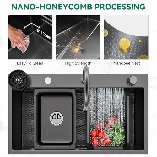YITAHOME-Black-Waterfall-Kitchen-Sink-Workstation-32in-Drop-in-Sink-wFaucet-Cup-Washer-Cutting-Board-Topmount-Stainless-Steel-Nano-Single-Bowl-Sink-Kit-with-Accessories-32-x-18-x-10in YITAHOME Black Waterfall Kitchen Sink Workstation 32in Drop in Sink wFaucet Cup Washer Cutting Board Topmount Stainless Steel Nano Single Bowl Sink Kit with Accessories 32 x 18 x 10in