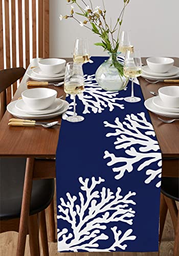 Navy Blue Coral Table Runner 70 Inches Long Farmhouse Dress Scarves, Coastal Summer Beach Nautical Seaside Dining Tablerunner for Coffee Table/Kitchen Island/Party Décor, 13" x 70"4