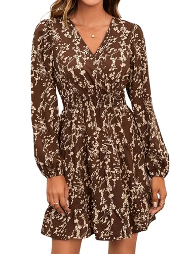 MakeMeChic Women's Long Sleeve Floral Short Dress Wrap V Neck Elastic Waist Casual Dresses
