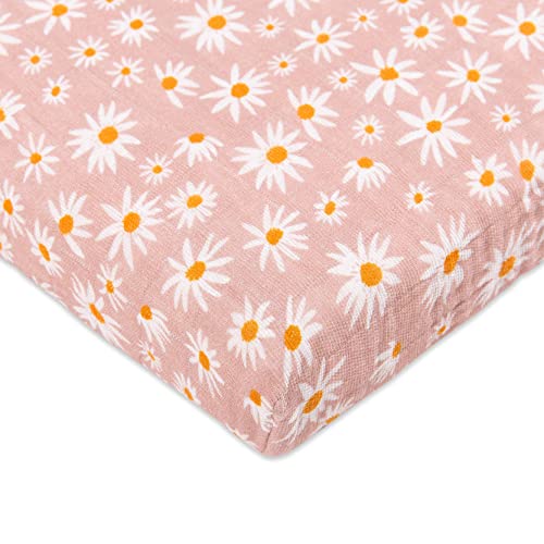 Image of Babyletto 100% Organic Cotton All-Stages Midi Crib Sheet, GOTS-Certified, Fitted 360°, Ultra-Soft and Breathable Muslin - Daisy