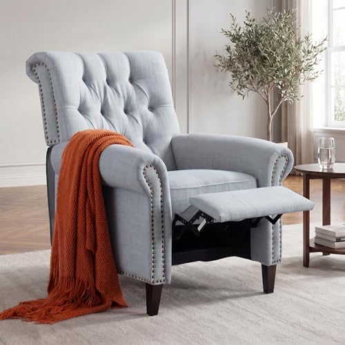 Image of Oversized Tufted Linen Manual Single Lounge Recliner Chair, Blue | Tufted Linen Fabric Manual Recliner Chair, Oversized Lazy Boy Recliner with Rolled Armrest, Breathable Fabric