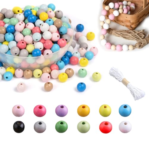 Strehknewen Perline Legno 12 mm (400 pz, 12 Colori) con Corda 10 m – Perline con Foro 3 mm per Gioielli Fai da Te, Braccialetti, Collane, Lavoretti Bambini e Adulti