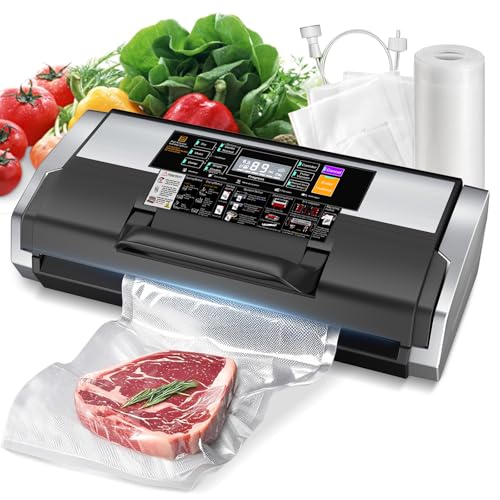 95KPa Vacuum Sealer, Commercial Fully Automatic Food Sealer - 10-in-1 System with Auto Pop-Up Cover, Double Heat Seal, Easy-Lock Handle & Built-in Cutter,Includes 1 Roll + 15 Bags, Black Silver
