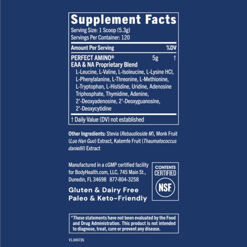 Image of BodyHealth PerfectAmino - BCAA and EAA Powder for Pre and Post Workout - Amino Acid Energy Drink for Men and Women to Support Lean Muscle and Recovery - Unflavored (Lightly Sweetened) - 120 Servings