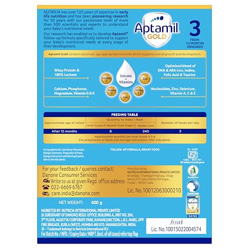 Image of Aptamil Gold Follow Up Infant Formula Milk Powder for Babies - Stage 3 ( 12 month onwards ) - 400gm - BIB Pack