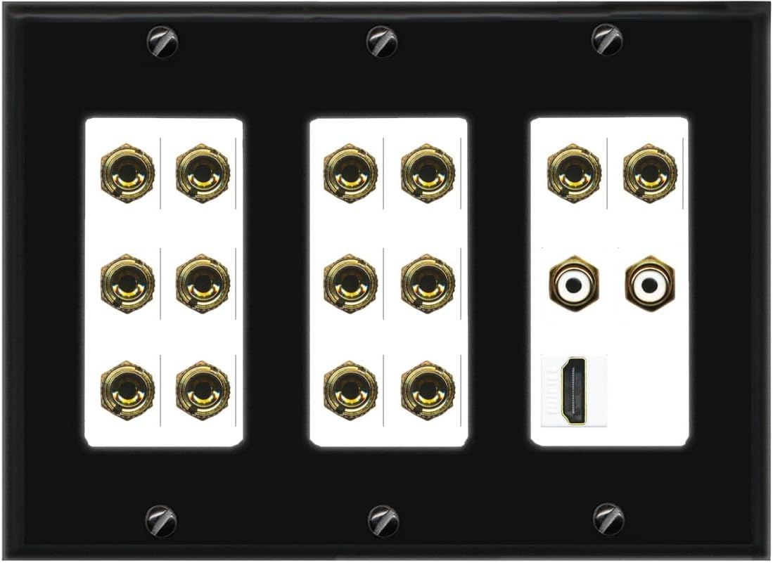 RiteAV 7.2 Surround Sound 7 Speaker 14 Banana Plug Jack Wall Plate w/ 2 RCA Subwoofer + 1 HDMI Female Connectors - 3 Gang [Black]