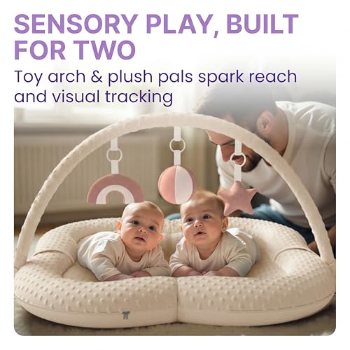 Image of Twins Baby Play Mats for Floor Activity Gym - 5-in-1 Support Cushion Baby Play Mat Tummy Time Mat for Supervised Bonding with Arch, Plush Toys, Flashcards & Developmental Book - Beige