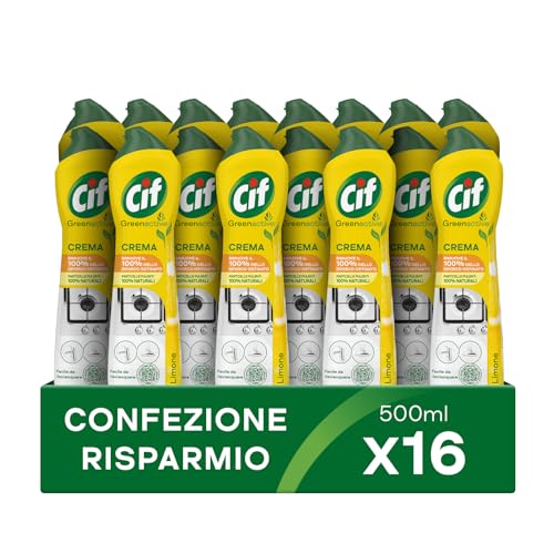 Cif Crème, nettoyant pour surfaces dures, format 16 pièces de 500 ml, idéal sur graisse entartrée, résidus de nourriture brûlée et taches de calcaire, avec particules nettoyantes 100% naturelles,