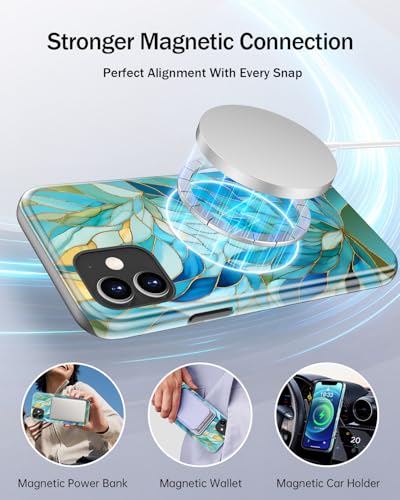 Image of Goodon for iPhone 12 Mini Case Cute - Wireless Charging Compatible - Dual-Layer Hard Shell + Silicone Cover - Protective Phone Case with Trendy Designs for Women - Blue Leaves Flower | Dual-Layer Hard Shell + Silicone, Slim Fit Protective Phone Cover with Wildflower Designs for Women Girls