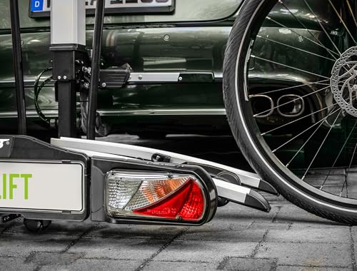 EUFAB 11554 Fahrradträger Bike Lift, E-Bike geeignet, komplett vormontiert, elektrische Absenkung, Diebstahlschutz, für 2 Fahrräder, für Anhängerkupplung, 2025 mit Strap-Rahmenhaltern