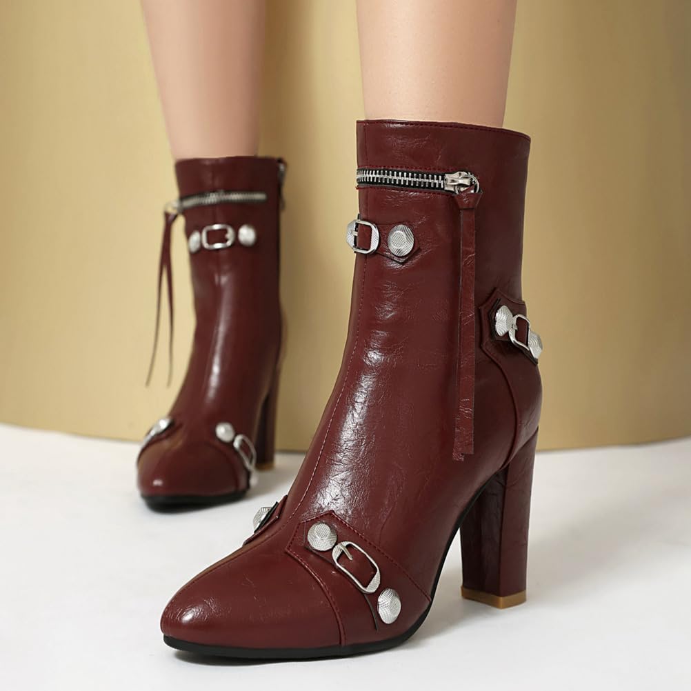 Donna Sexy Punta Appuntita Stivali alla Caviglia con Cerniera PU Cuoio Stivaletti con Rivetti Tacco Grosso Alto Chunky Stivali Punk