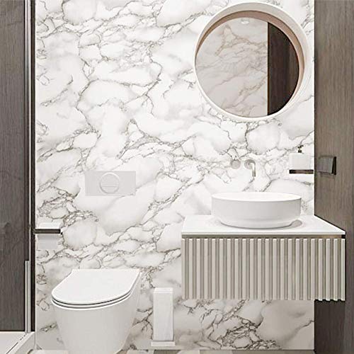 Image of FOKRIM White Marble Wallpaper (200x60CM)(White) Self Adhesive Wall Stickers Oil-Proof Waterproof Peel & Stick Contact Wallpaper for Kitchen Living Room Office Table Home Decor Furniture Workshop