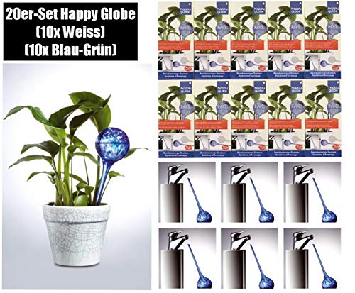 Feelino - Juego de 20 bolas de riego de cristal de 9 cm (10 blancas, 10 azules verdes)  2 semanas de riego dosificado en vacaciones, bolas de cristal soplado artesanalmente, bolas de cristal