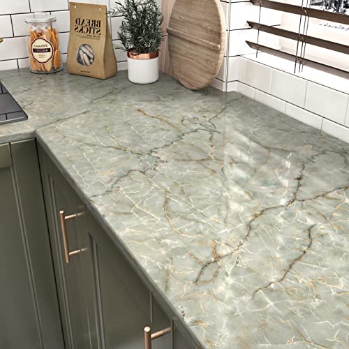 LIKILIKI Green Marble Contact Paper for Countertops, Waterproof, Peel and Stick Wallpaper, Decorative, Vinyl, 15.8" x 78.7" (Modern Glossy Marble, Kitchen, Bathroom)