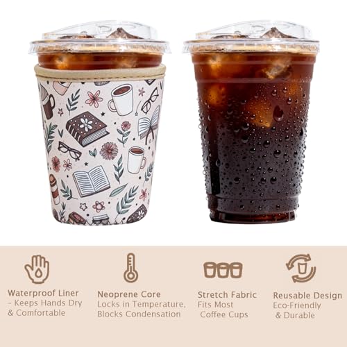 Image of Reusable Insulated Sleeve for Iced Coffee Cup, 3-Pack Coffee Neoprene Drink Sleeve for Cold & Hot Drinks, Beverage Holder for Iced Coffee (Cafe Books)