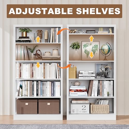Image of White Metal Bookcase, 55 inch H Small Adjustable Bookshelf | 5 Tier Heavy Duty Book Shelf, Modern Style, for Living Room, Home Office, Study Room, Library, Easy Assembly