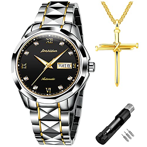 JSDUN Automatic Watches for Men Male Tungsten Steel Sapphire Mechanical Tourbillon Diamonds Dress Wrist Watch Waterproof with Day Date Calendar Big Face Black Dial Pyramid Bezel Two Tone Gold Silver