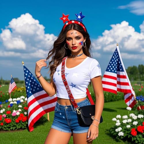Image of Beaded 4th of July Purse Strap USA Purse Strap Replacement Red White and Blue Patriotic Crossbody Shoulder Bag Straps 4th of July Outfits (Style F)