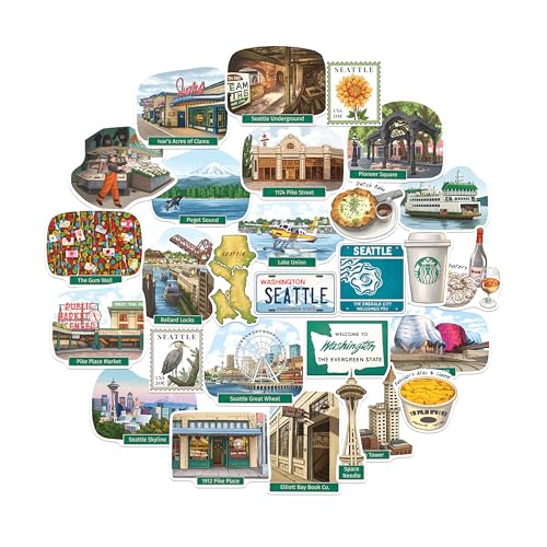 Navy Peony Seafaring Seattle Travel Stickers (28pcs) - Hand-Illustrated, Gouache Style, America-Themed Stickers for Scrapbooks, Journals, Laptop