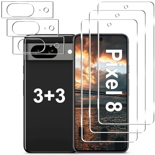 [3+3 Pack] Pixel 8 Screen Protector + Camera Lens Protector 9H Tempered Glass Fingerprint Unlock Anti-Scratch Easy Installation HD Screen Protector for Google Pixel 8 5G