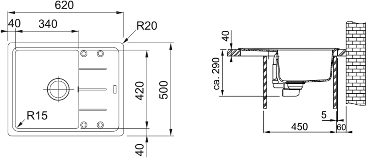 Technical drawing with dimensions for Franke Basis BFG 611-62 kitchen sink installation.