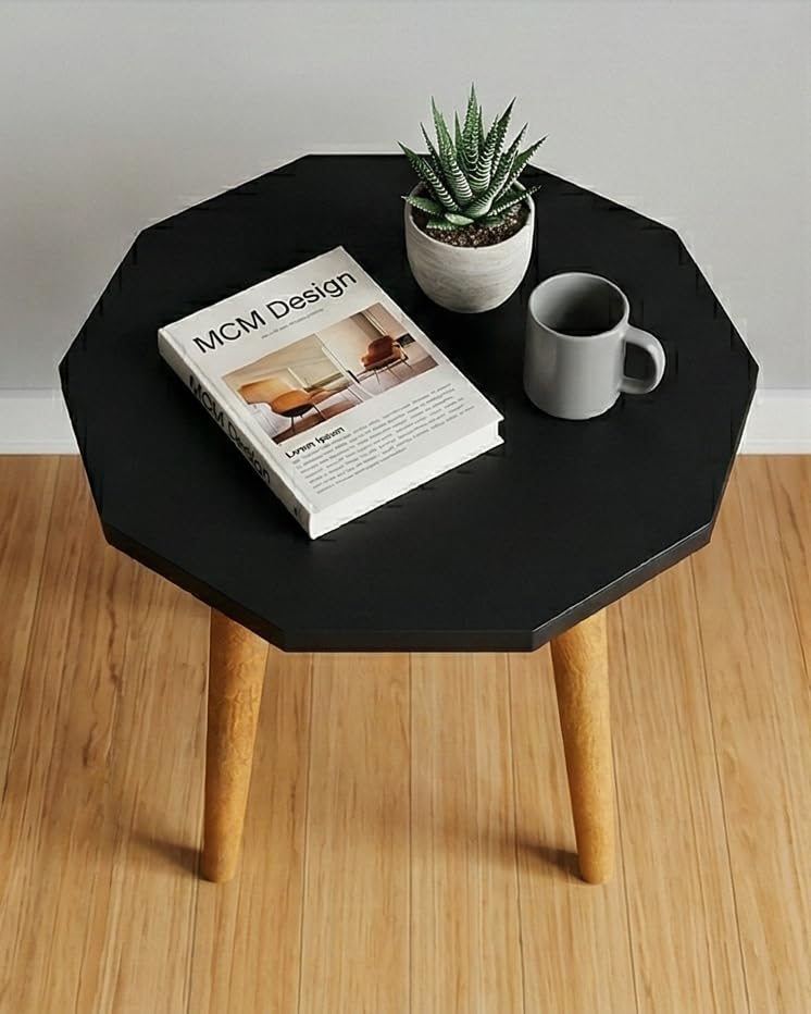 Image of Furniture Cafe Octagon Accent Side Table - Modern Geometric End Table with Solid Wood Legs for Living Room, Bedroom, Balcony & Office (White Top)