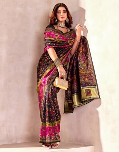 Image of SIRIL Women's Silk Kashmiri Minakari Jacquard Saree With Unstitched Blouse Piece
