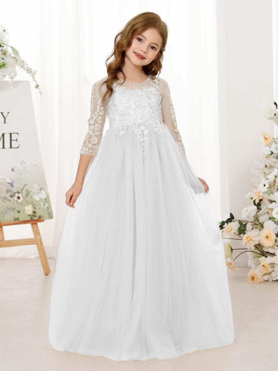 Abaowedding Lace Floral Appliques Flower Girl Dress, 3/4 Sleeve Girls Pageant Tulle Ball Gown