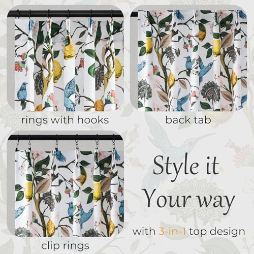 Image of Pinch Pleated Curtains Floral Cottage Core Curtains for Living Room 90 Inches Long Blue and White Vintage Hummingbird Lemon Blackout Drapes for Bedroom with Hooks Set 2 Panels