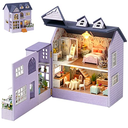 Kit De Muebles De Madera De Bricolaje Mini, Mini Casa De Muñecas Hechas A Mano, Juguetes Creativos De Madera Para Casita De Madera Miniatura, Luces Led Y Herramientas De Instalación (Happy House)