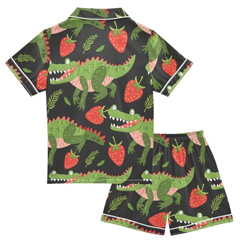 ALAZA Crocodile Strawberry Satin Pajamas Set Short Sleeve Button Down Sleepwear Summer Pjs 2 Piece2
