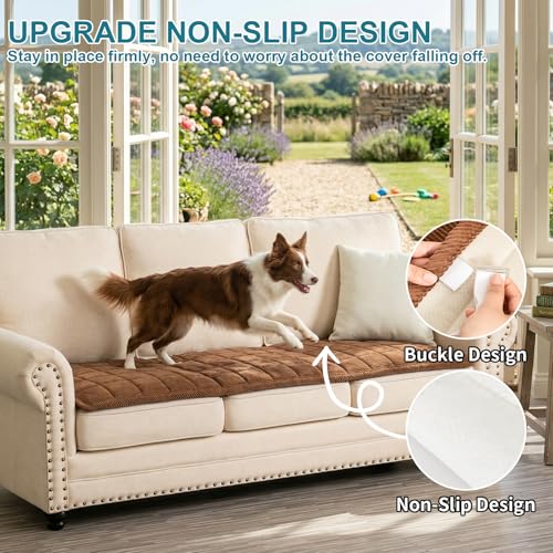 KRFOONN Couch Cover for Dogs Washable Sofa Covers for 3 Cushion Non-Slip Fuzzy Couch Cushion Covers Sofa Slipcovers Furniture Protector with Elastic Straps for Dogs Pets Mat (Coffee, 27.6" x 59") — view 4