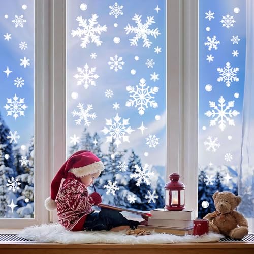 Image of 137pcs Christmas Snowflake Window Clings Decals, Realistic Extra Large White Crystal Snowflakes Stickers Decorations for Holiday Celebration Merry Christmas Party Winter Frozen Ornaments