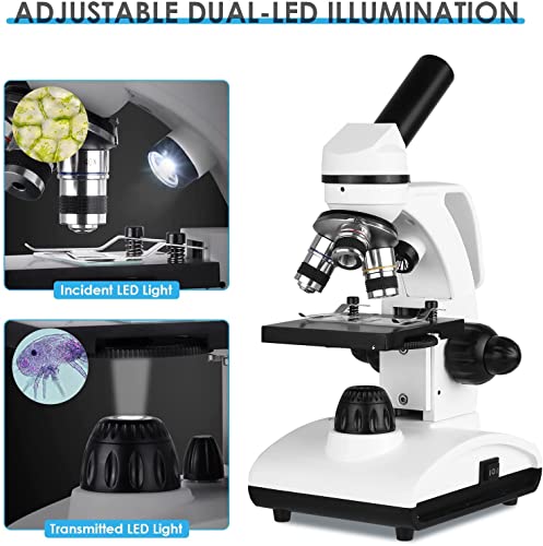 40X-1000X Microscopes For Students Kids Adults, Cordless Biological Compound Monocular Microscopes With Microscope Slides Set, Phone Adapter, Dual Led Illumination Power Optical Glass Lenses #TOP2