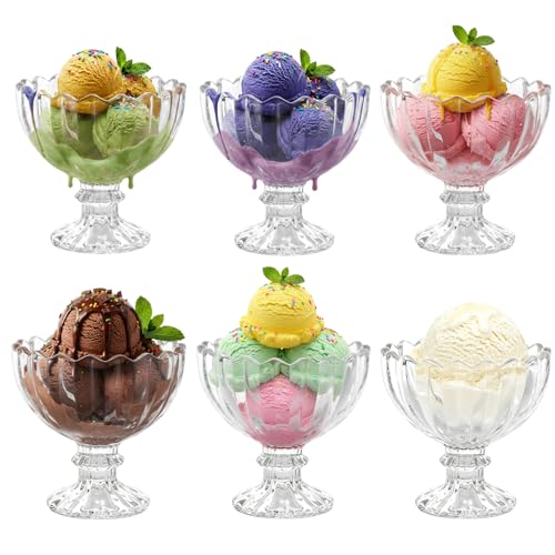 TOLASTO Set of 6 Glass Dessert Bowls, 210ml Clear Ice Cream Bowls, Sundae Glasses, Prawn Cocktail Glasses, Glass Trifle Bowl Serving Bowl for Ice Cream, Desserts, Pudding, Appetizer, Salad, Fruit