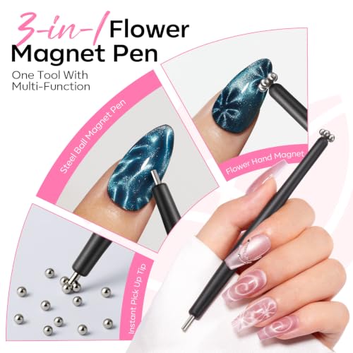 Image of modelones Cat Eye Magnet Set, Heart French Cateye Gel Polish Nail Tools Kit Dual-Head 5 IN 1 Magnets Pen Heart Round Flower Glassy Moon Multi Effect Nail Art Designs Home DIY Salon Use