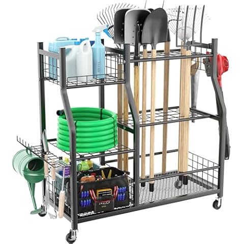 WALMANN Garden Tool Organizer with Wheels for Garage, Large Storage Capacity, Rakes/Shovels/Yard Tools Storage Stand for Shed, Garden, Indoor/Outdoor Long-Handled Tools Rolling Cart Cover