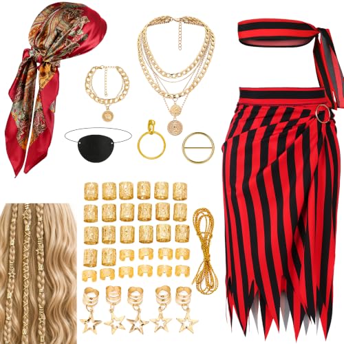 Angelaicos Womens Pirate Costume Stripes Skirt with Accessories Set for Women Halloween Party Outfits (Gold)