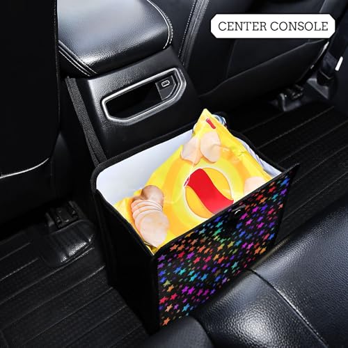 Image of Car Trash Can Organizer Bin with Adjustable Strap for Back Front Seat Console Waterproof Leakproof Collapsible Portable 11 Inch Vibrant Rainbow Stars