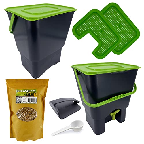 Lote de 2 Bokashi Confort 18 litros, compostador orgánico de Alta Gama con compactador y activador de fermentación 3kg | Kit Completo Cover