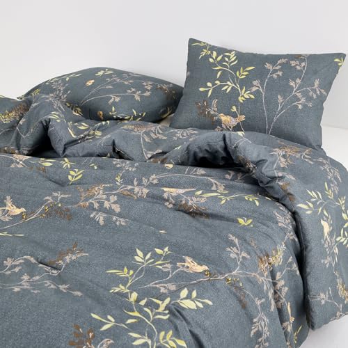Image of Wake In Cloud - Floral Comforter Set, Birds Flowers Leaves and Branches Pattern Printed for Men Women, Soft Lightweight Bedding, 3 Pieces, Dark Gray, King Size
