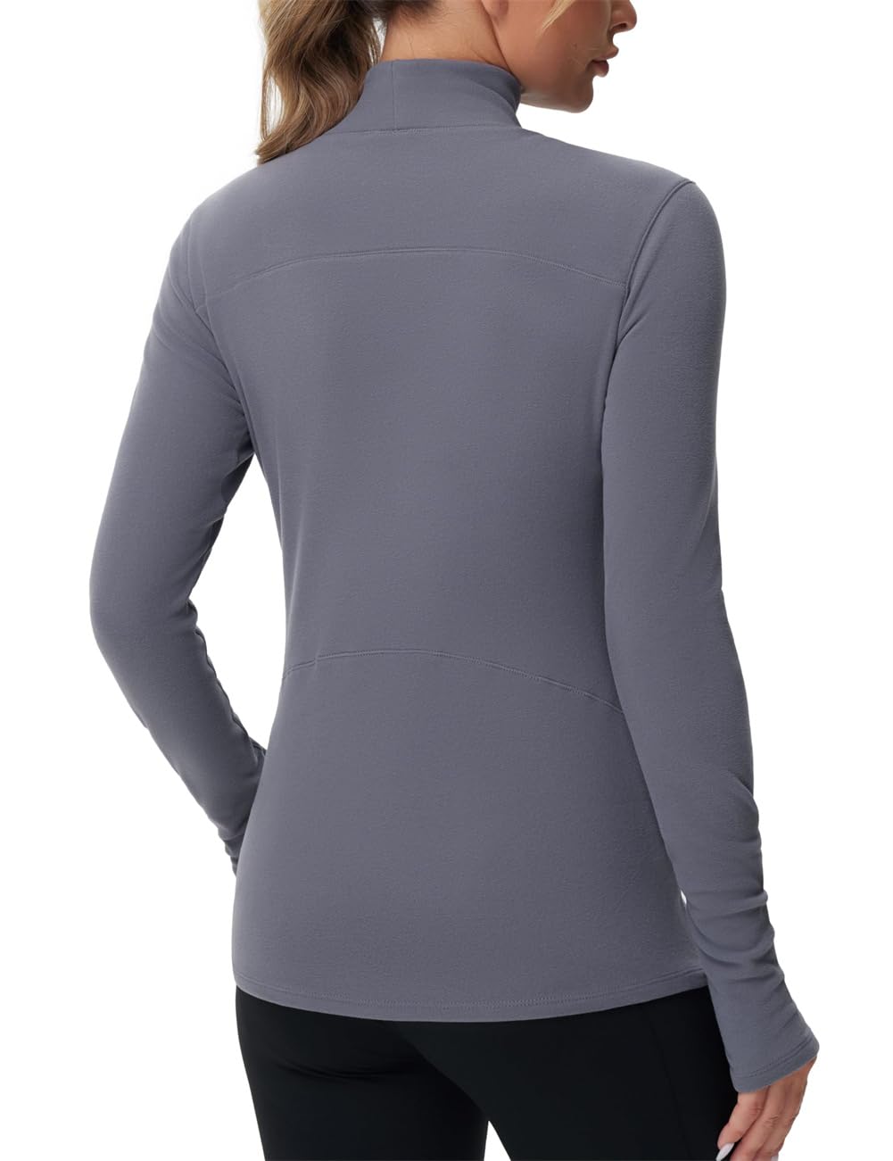 Camicie termiche da donna a maniche lunghe con collo alto, in pile, a maniche lunghe, girocollo, Grigio scuro, L
