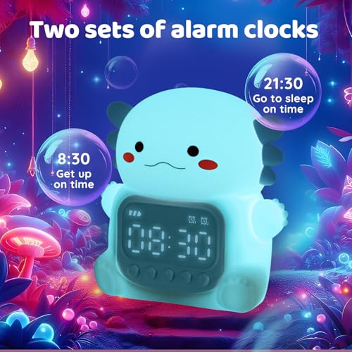 Image of Axolotl Alarm Clock with Night Light for Kids, Rechargeable Silicone Lamp Time to Wake Clock Cute Animal Tabletop Lamp, Perfect Sleep Companion for Boys Girls, Blue