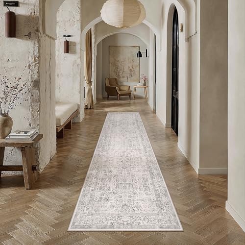 Gray Runner Rug 2'6"x8' Washable Carpet for Hallway Kitchen Vintage Distressed Non Slip Indoor Grey Retro Floral Bedroom Accent Throw Long Rug Bathroo