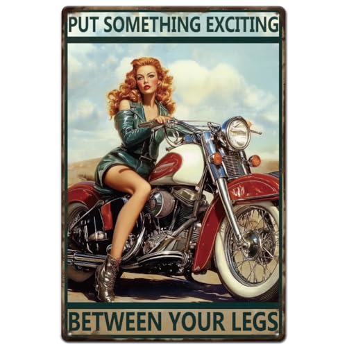 SUPERDANT Plaque en métal en forme de moto Pinup Lady - Plaque murale d'équitation - Décoration murale vintage pour homme, grotte, garage, maison, chambre...