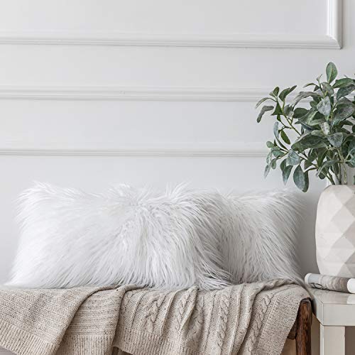 Ashler HOME DECO Pack of 2 Decorative Luxury Style White Faux Fur Throw Pillow Case Cushion Cover 12 x 20 Inches 30 x 50 cm
