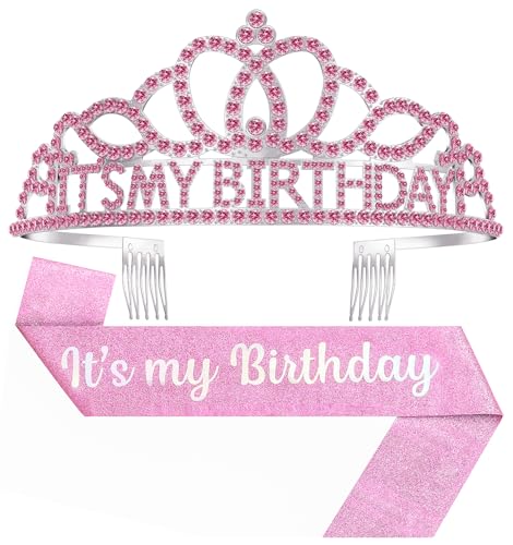 Birthday Tiara and Crown with Sash, Birthday Tiara for Women Party Pink